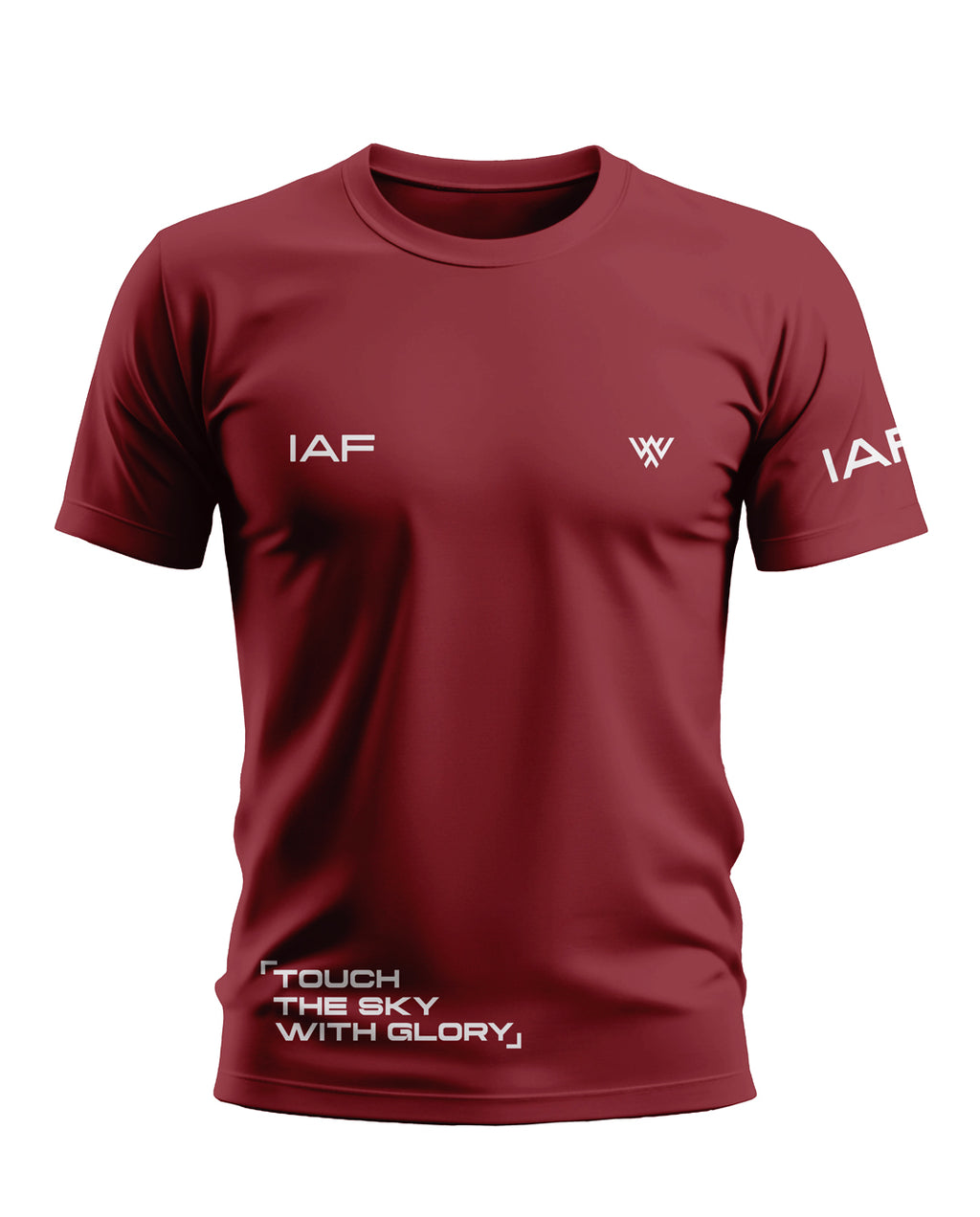 Maroon men's t-shirt with IAF and 'Touch the sky with glory' text, crew neck design
