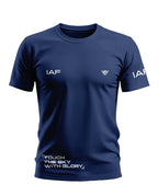 Navy blue men's t-shirt with IAF text, chest emblem, and 'Touch the Sky with Glory' quote.