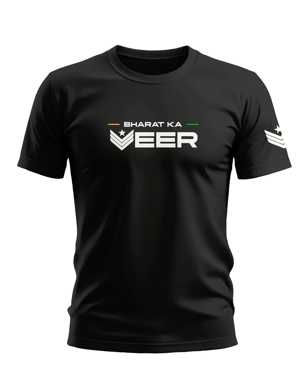 Black men's t-shirt with 'Bharat Ka Veer' graphic and military-inspired design