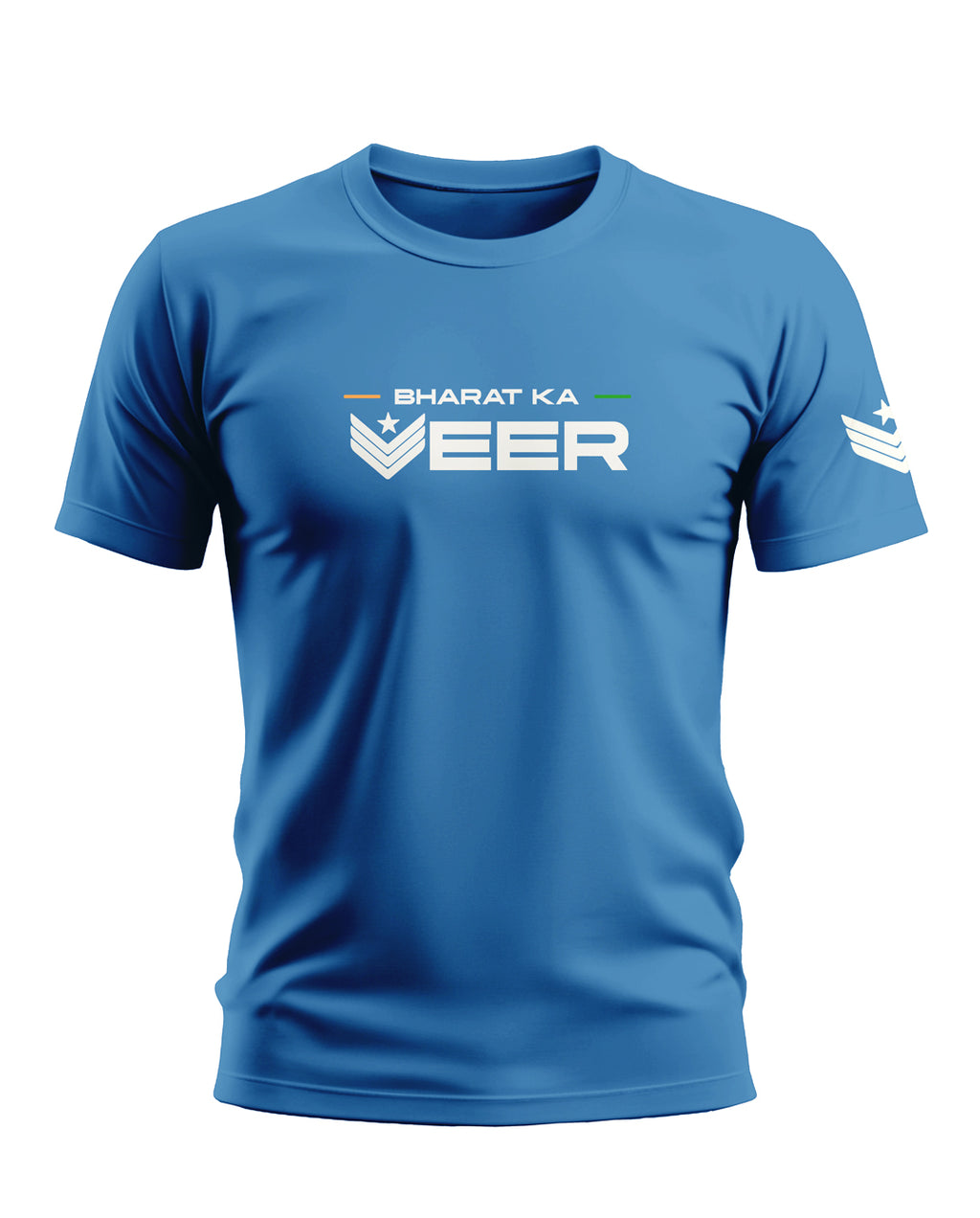 Blue men's t-shirt with 'Bharat Ka Veer' military-inspired print and short sleeves