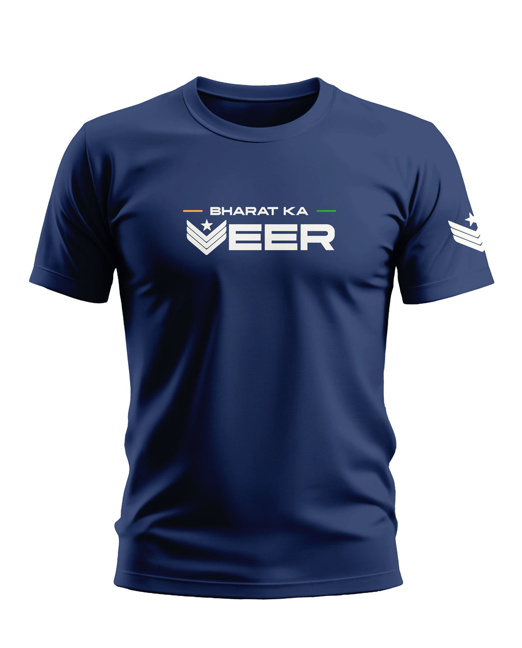 Navy blue men's t-shirt with 'Bharat Ka Veer' slogan and army-inspired graphic print