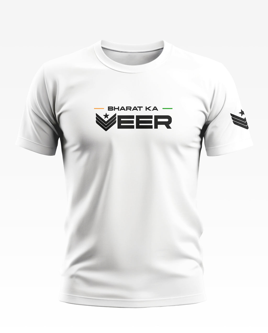 White men's t-shirt with 'Bharat Ka Veer' army-inspired print and sleeve logo, front view
