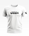 White men's t-shirt with 'Bharat Ka Veer' army-inspired print and sleeve logo, front view