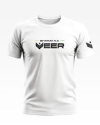 White men's t-shirt with 'Bharat Ka Veer' army-inspired print and sleeve logo, front view