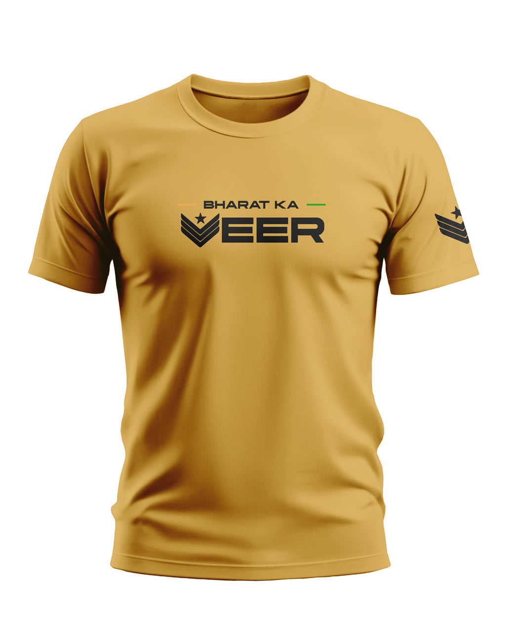 Yellow men's T-shirt with 'Bharat Ka Veer' and army-inspired graphic on chest and sleeve.