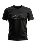 Black men's t-shirt with minimalist motorcycle and 'Royal Rider' graphic on front