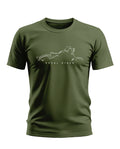Olive green men's t-shirt with minimal motorcycle graphic and 'ROYAL RIDER' text on chest