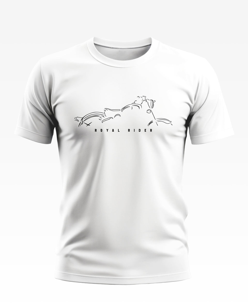 White men's t-shirt with minimal line art motorcycle and 'Royal Rider' text on chest