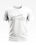 White men's t-shirt with minimal line art motorcycle and 'Royal Rider' text on chest