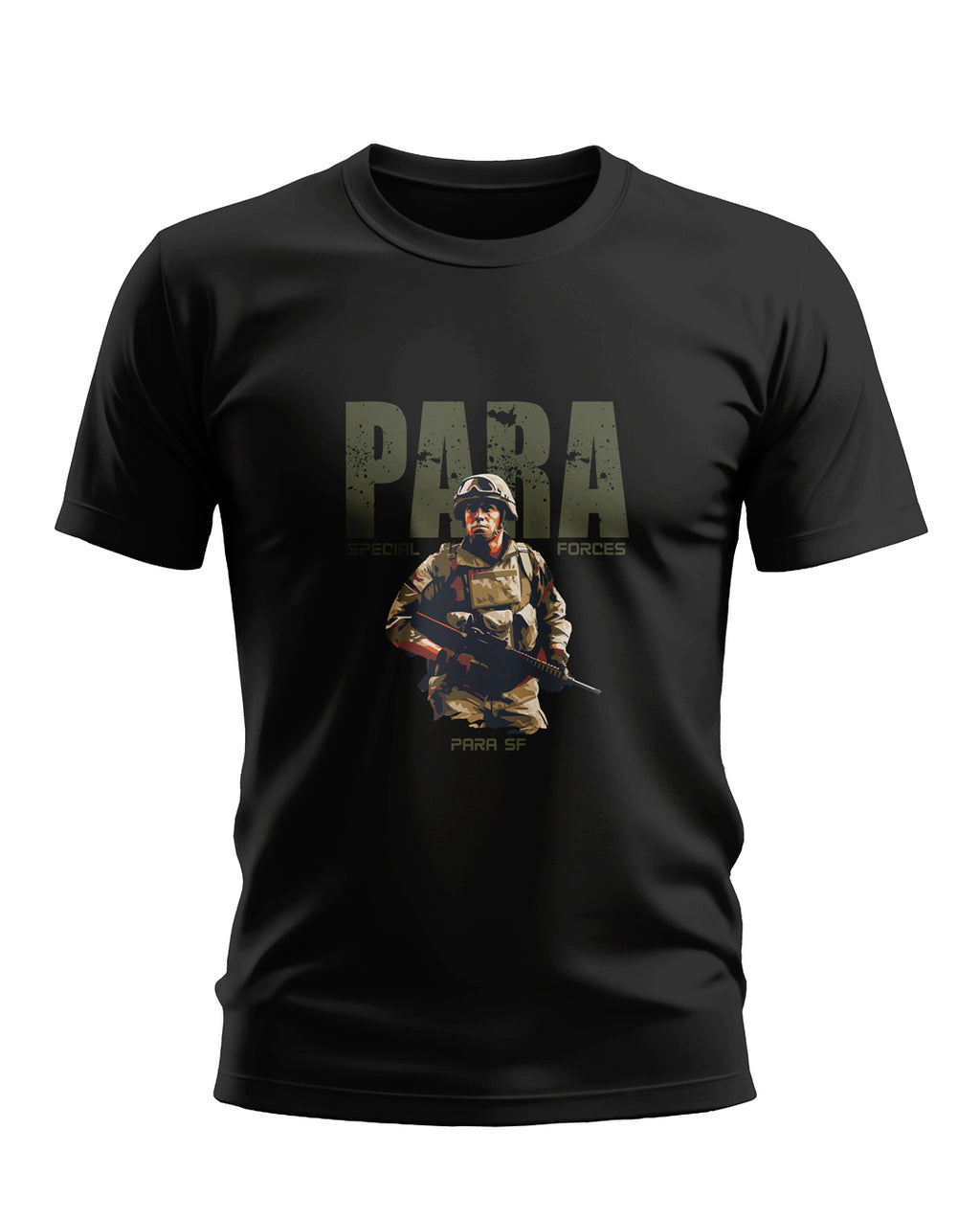Black T-shirt featuring PARA Special Forces soldier graphic and military text print