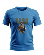 Blue men's t-shirt featuring PARA Special Forces soldier graphic and bold army-inspired design.