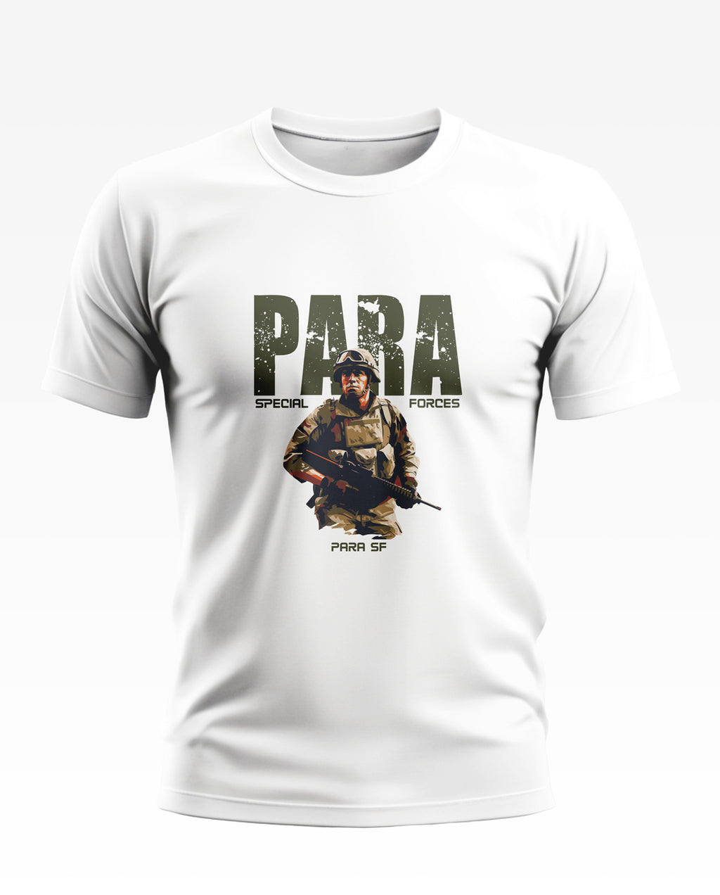 White men's t-shirt with PARA Special Forces graphic and soldier illustration, army style