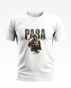 White men's t-shirt with PARA Special Forces graphic and soldier illustration, army style