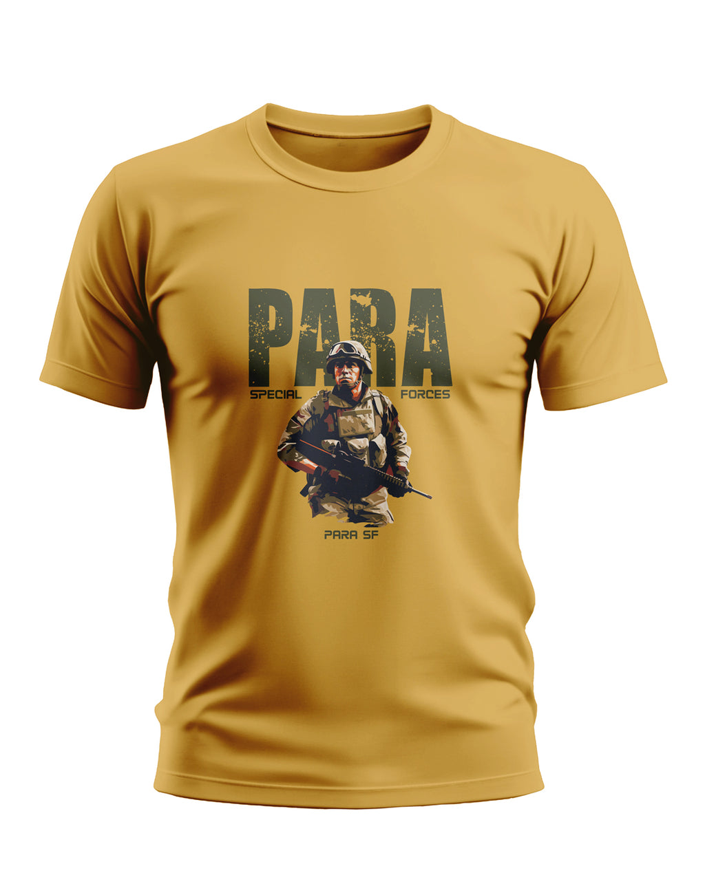 Yellow t-shirt with PARA Special Forces soldier graphic, military themed men's fashion