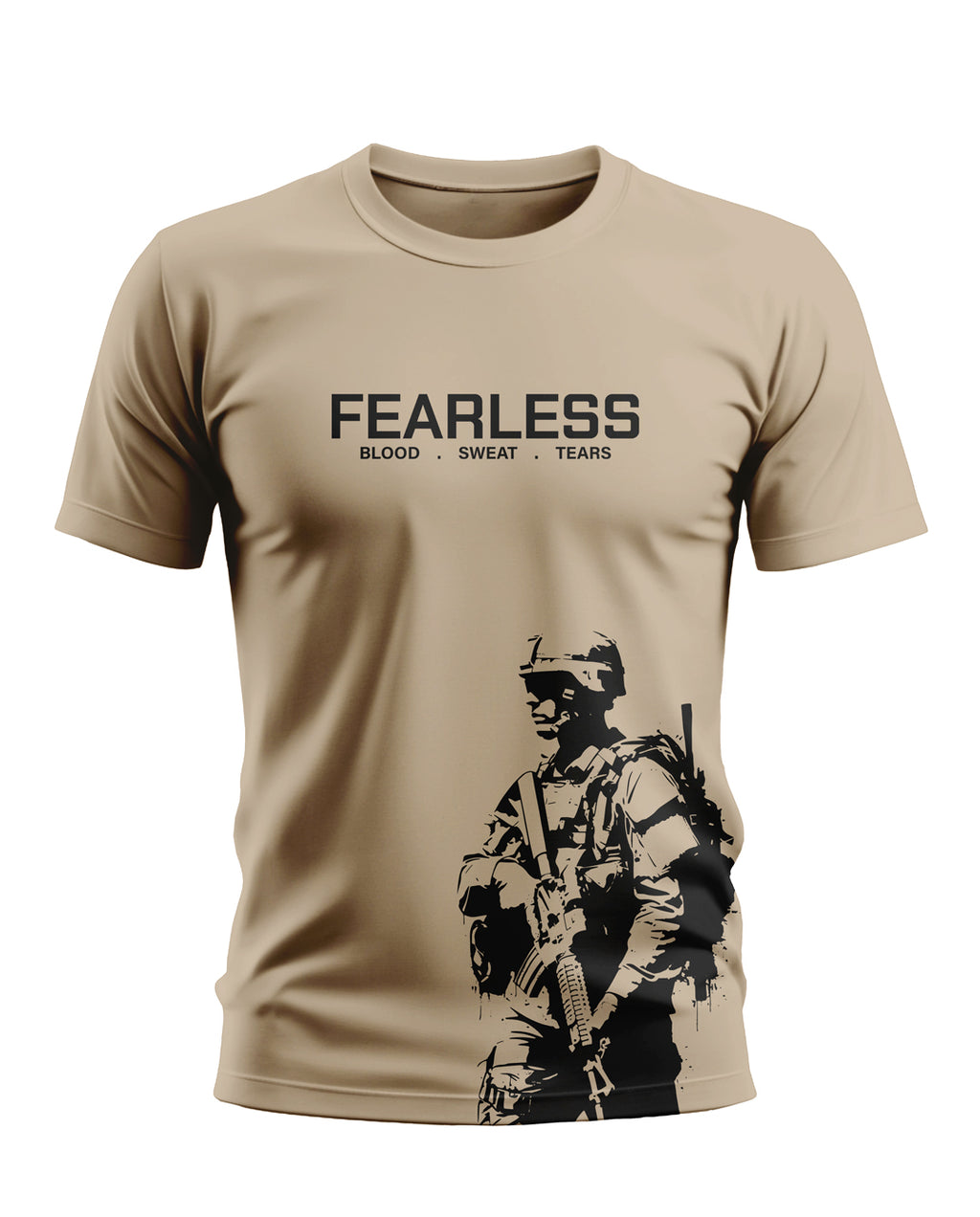 Beige men's t-shirt with 'FEARLESS Blood Sweat Tears' text and black soldier graphic print