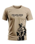 Beige men's t-shirt with 'FEARLESS Blood Sweat Tears' text and black soldier graphic print