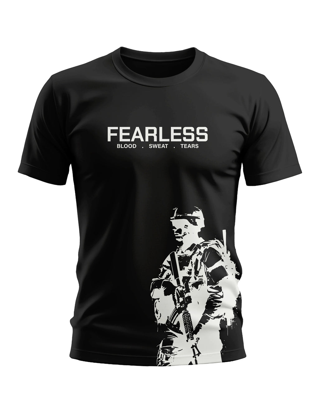 Black men's T-shirt with 'FEARLESS BLOOD SWEAT TEARS' text and white soldier graphic print