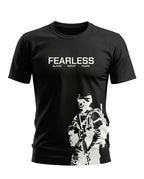 Black men's T-shirt with 'FEARLESS BLOOD SWEAT TEARS' text and white soldier graphic print
