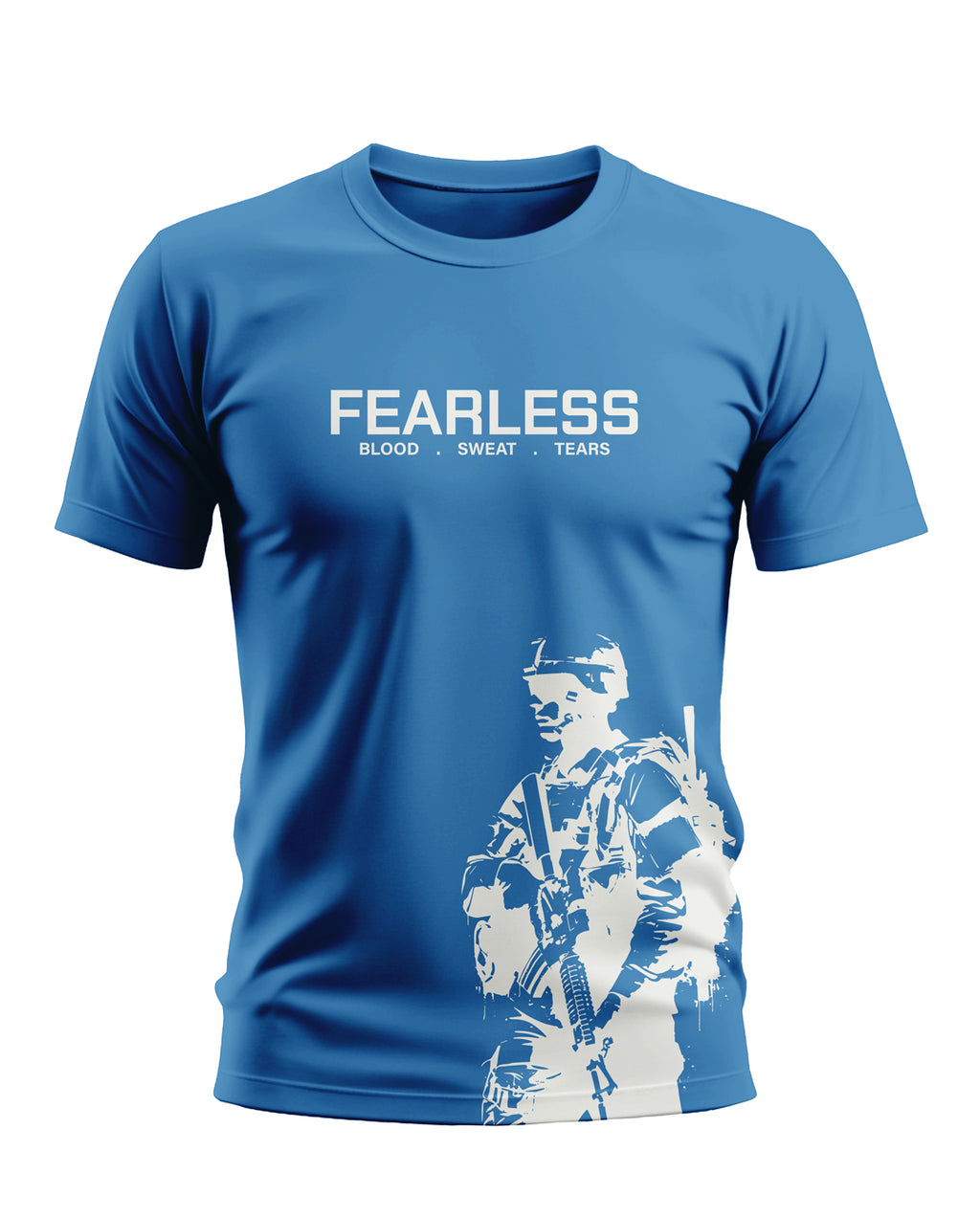 Blue men's t-shirt with 'FEARLESS BLOOD SWEAT TEARS' text and white soldier graphic print