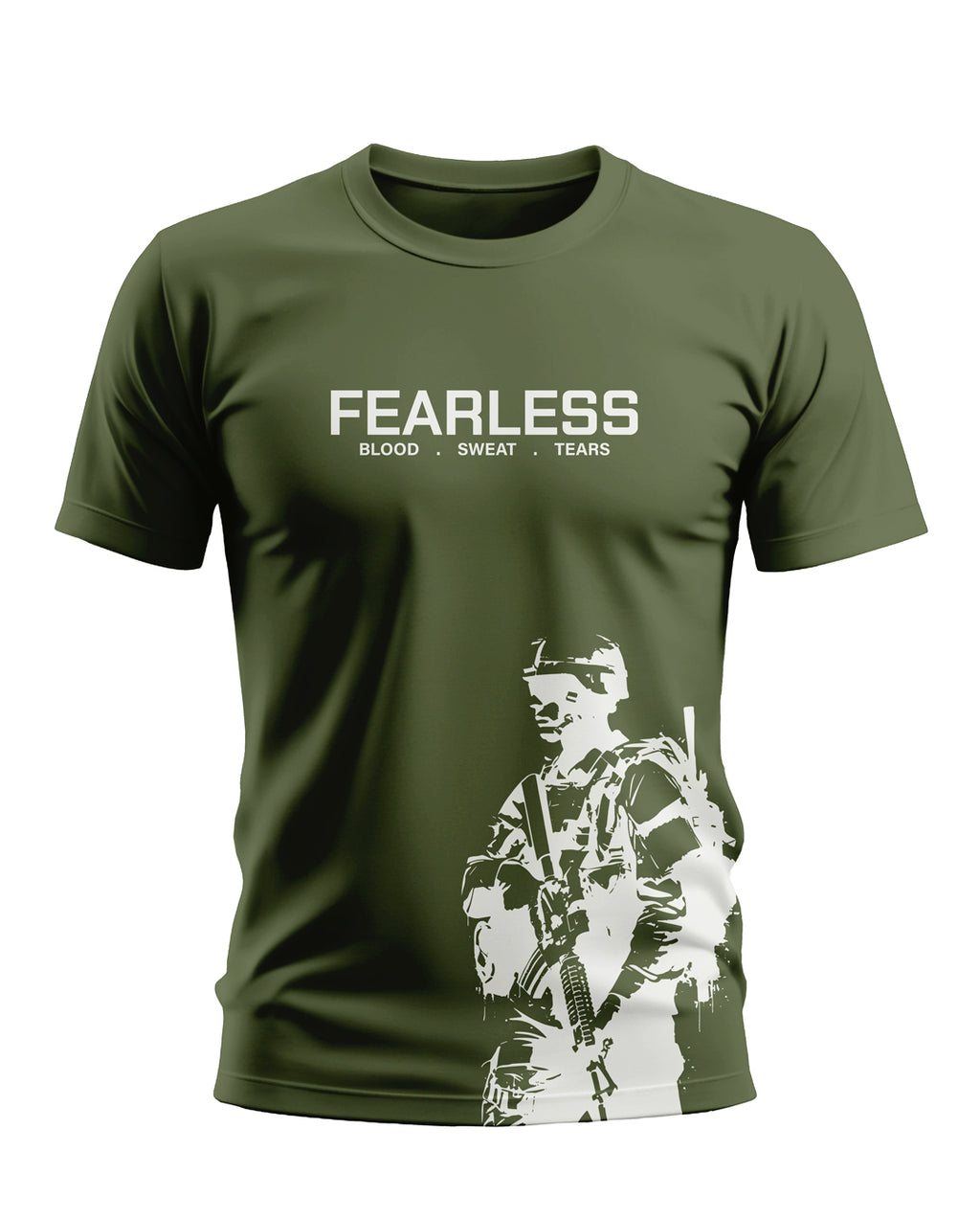 Olive green men's t-shirt with 'FEARLESS BLOOD SWEAT TEARS' text and white soldier graphic