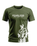 Olive green men's t-shirt with 'FEARLESS BLOOD SWEAT TEARS' text and white soldier graphic
