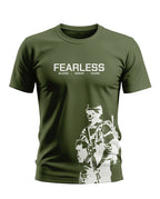 Olive green men's t-shirt with 'FEARLESS BLOOD SWEAT TEARS' text and white soldier graphic