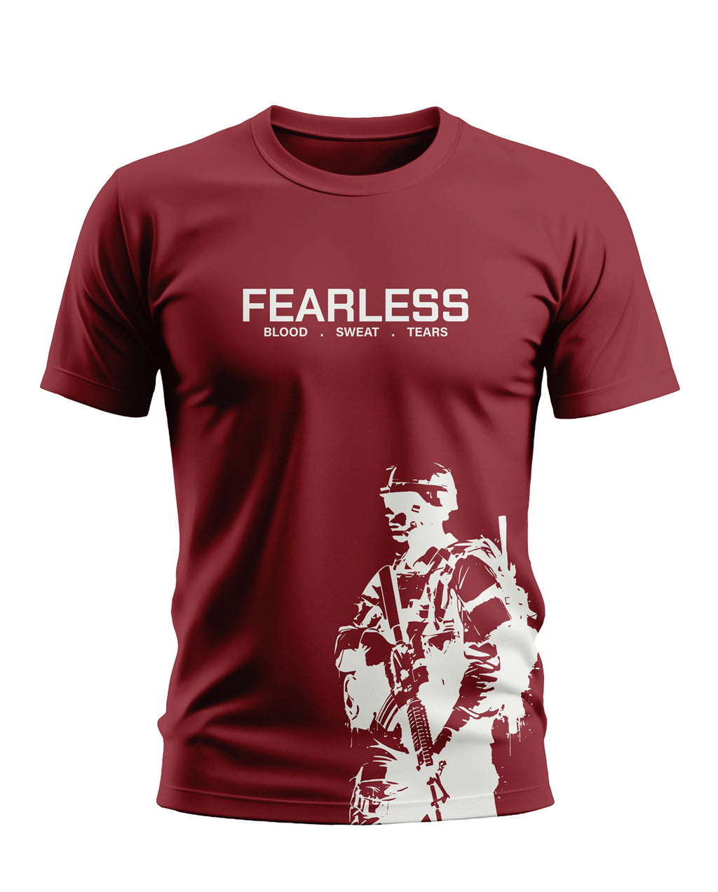 Maroon men's t-shirt with 'FEARLESS' text and white army soldier graphic print