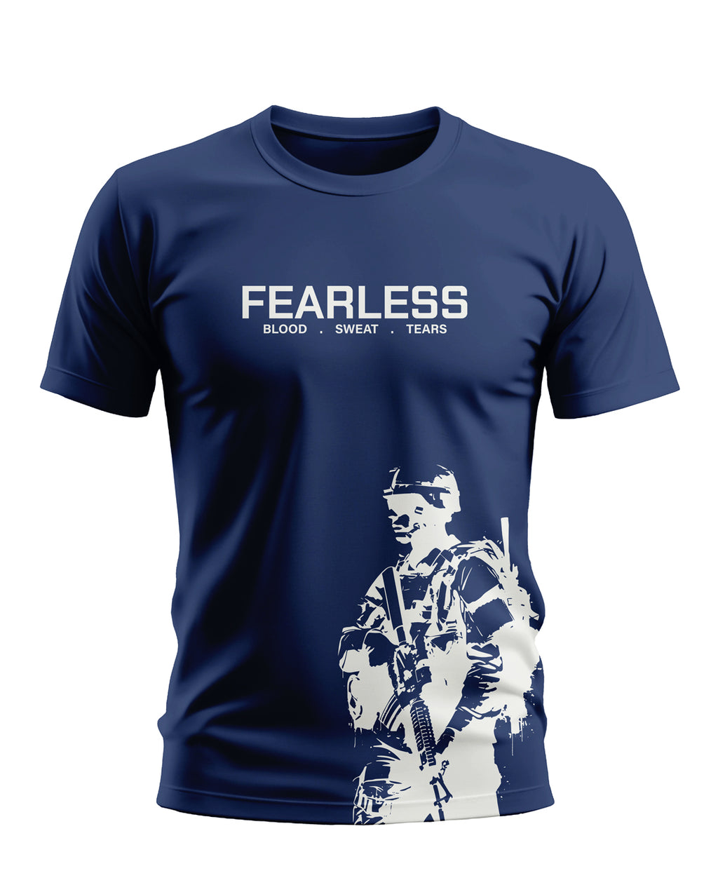 Navy blue men's t-shirt with 'FEARLESS BLOOD SWEAT TEARS' text and white soldier graphic