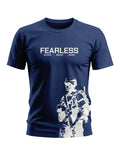Navy blue men's t-shirt with 'FEARLESS BLOOD SWEAT TEARS' text and white soldier graphic