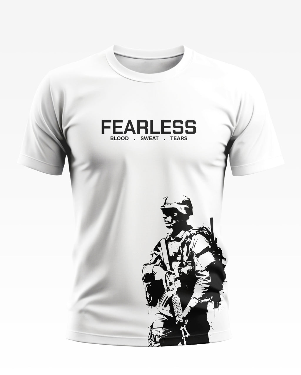 White men's t-shirt with 'FEARLESS Blood Sweat Tears' text and black soldier graphic print