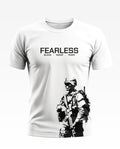 White men's t-shirt with 'FEARLESS Blood Sweat Tears' text and black soldier graphic print