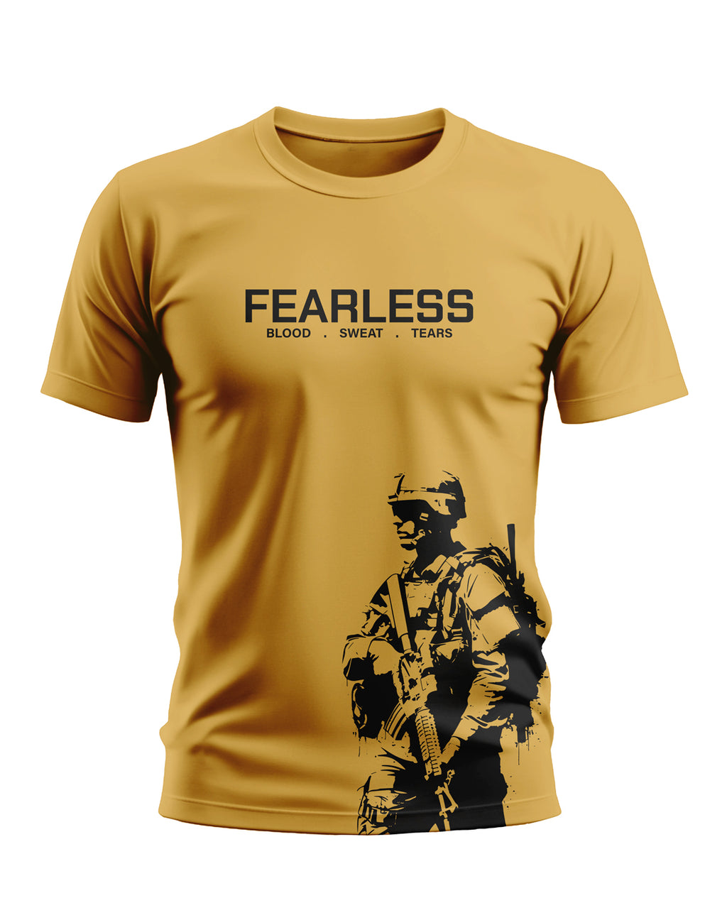 Yellow men's t-shirt with 'FEARLESS' text, military graphic, and bold army style design