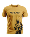 Yellow men's t-shirt with 'FEARLESS' text, military graphic, and bold army style design