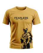 Yellow men's t-shirt with 'FEARLESS' text, military graphic, and bold army style design