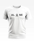 White men's t-shirt with bold black 'ALONE' graphic and unique design on the chest