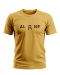 Yellow men's t-shirt with 'ALONE' text and unique O design, front view