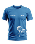 Blue men's t-shirt with PARA SF text, army insignia, and white parachute print design
