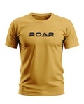 Yellow men's t-shirt with bold black ROAR text graphic on chest, short sleeves, plain background