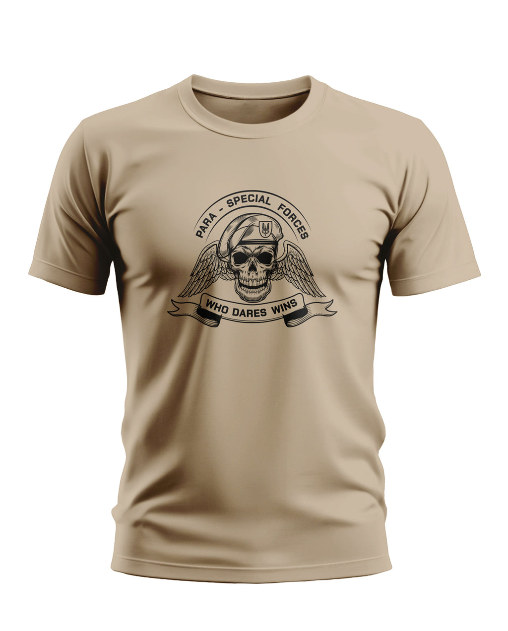 Beige men's t-shirt with Para Special Forces skull wings graphic and 'Who Dares Wins' text