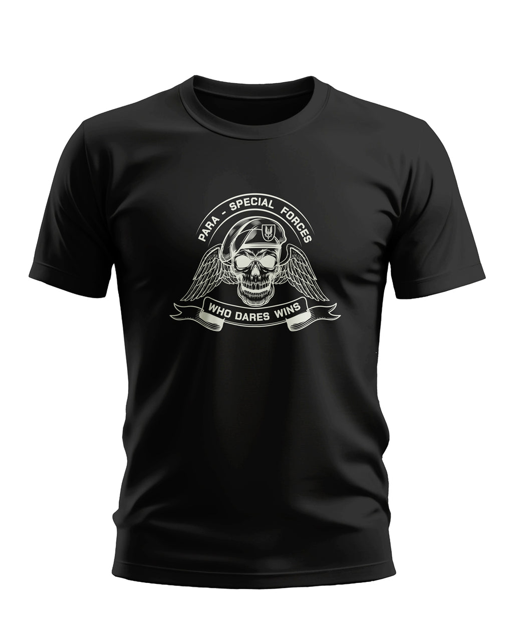 Black t-shirt with para special forces skull and wings graphic and 'Who Dares Wins' text