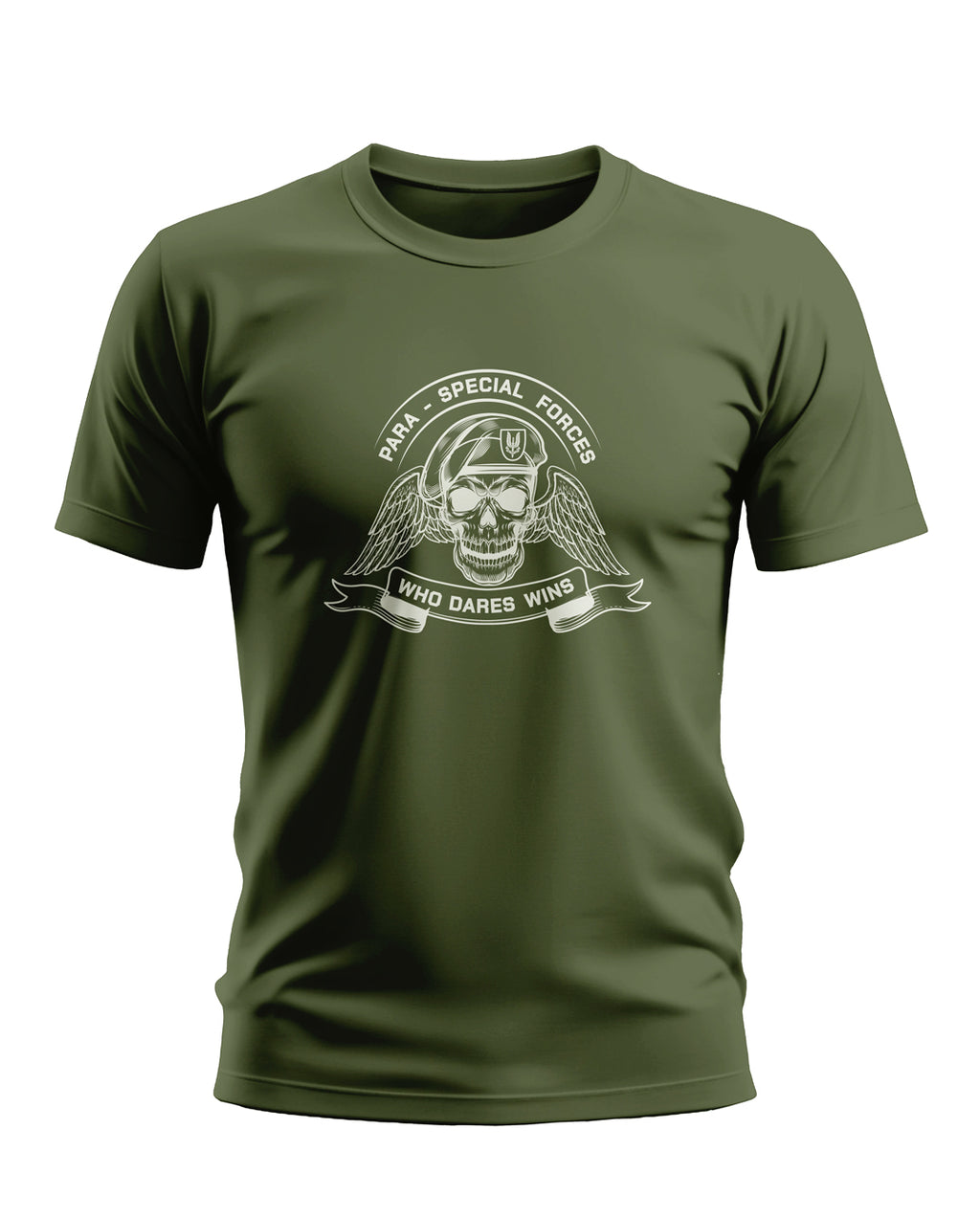 Olive green men’s t-shirt with Para Special Forces skull and wings graphic print