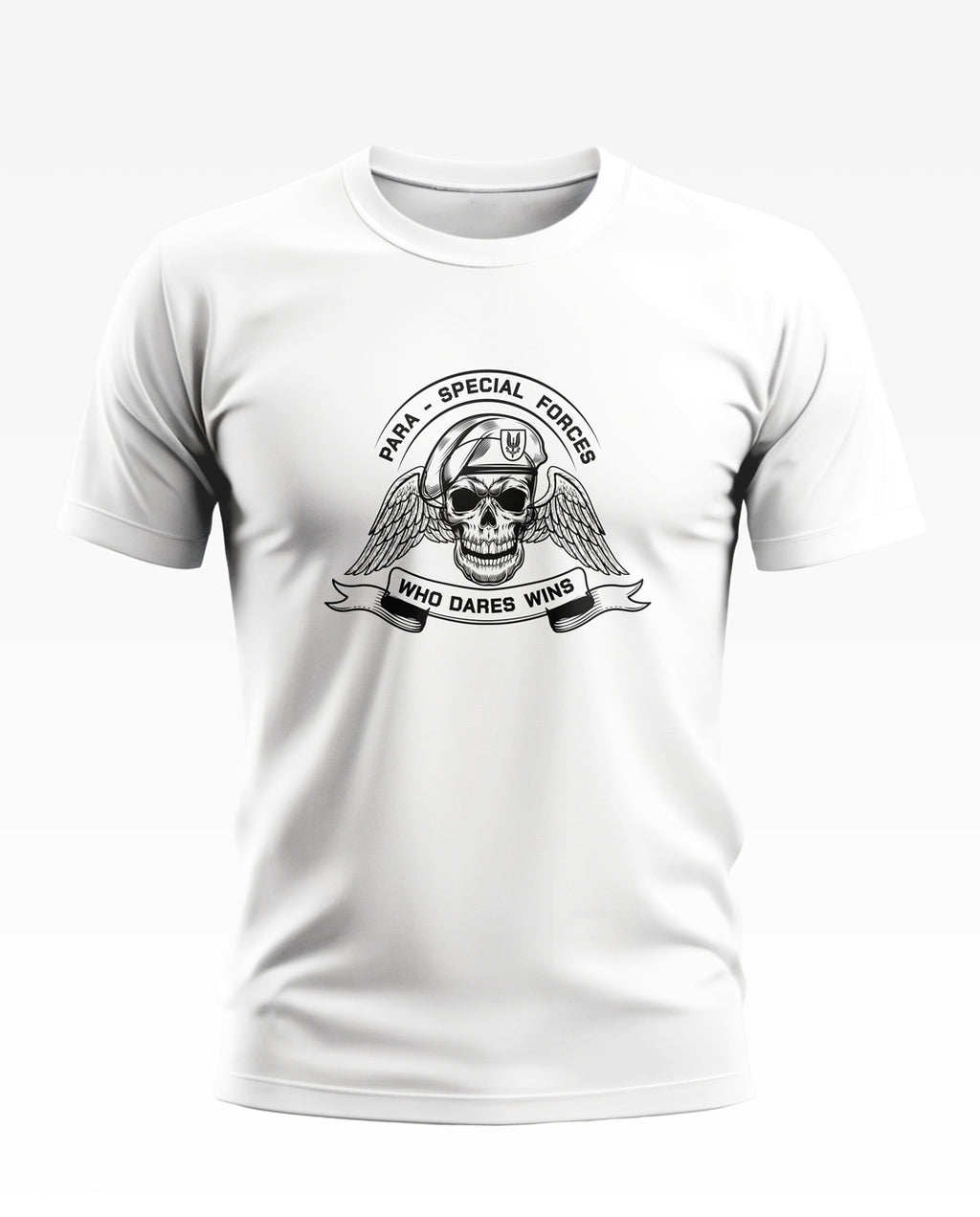 White men's t-shirt with Para Special Forces skull and wings graphic, 'Who Dares Wins' text