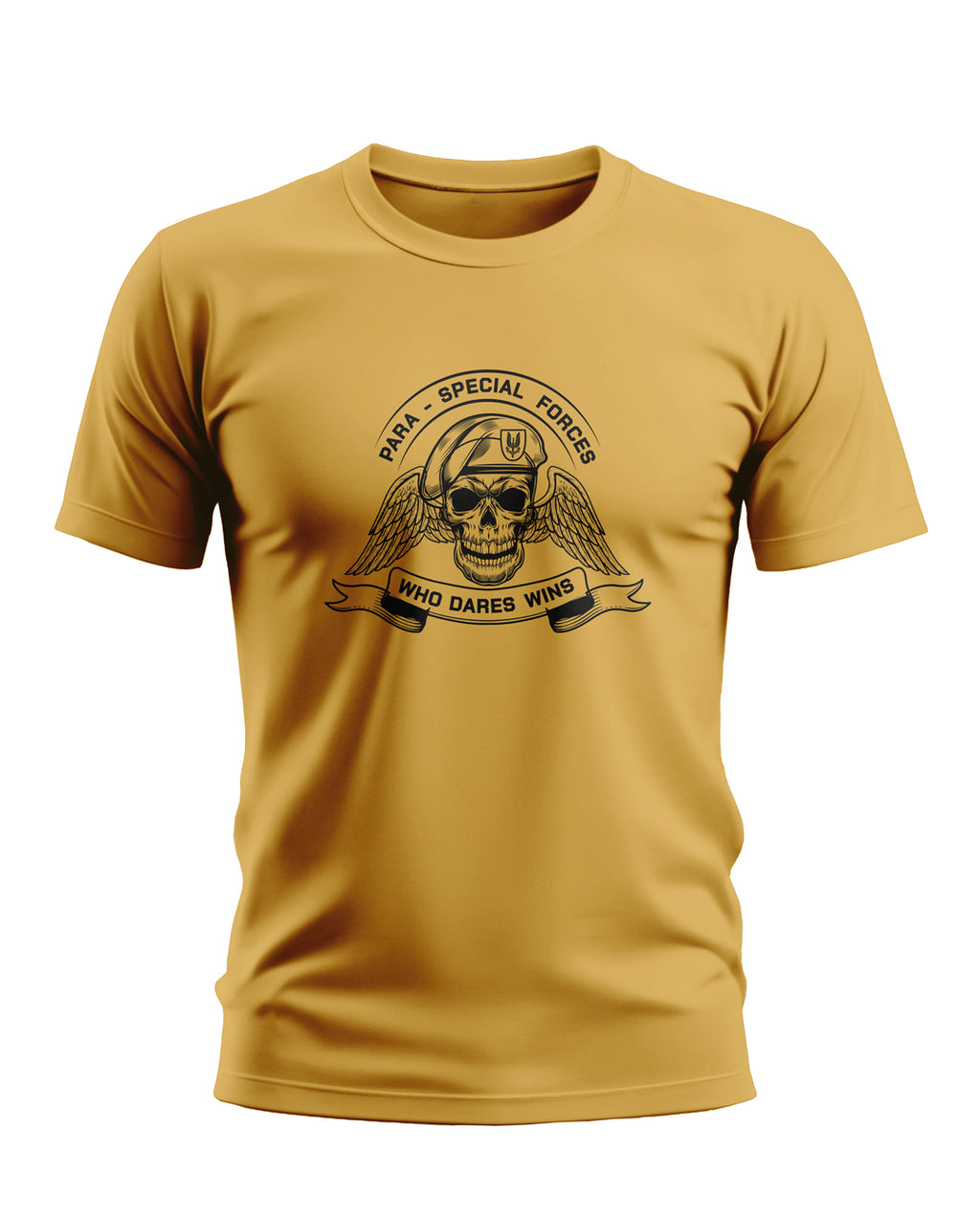 Yellow men's t-shirt with Para Special Forces skull and wings graphic, Who Dares Wins text