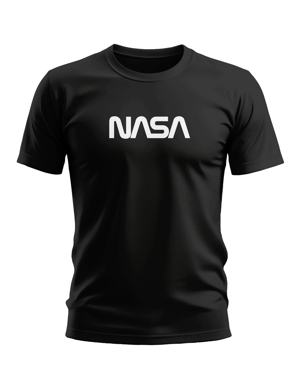 Black men's t-shirt with bold white NASA logo on the chest, short sleeve design