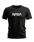 Black men's t-shirt with bold white NASA logo on the chest, short sleeve design