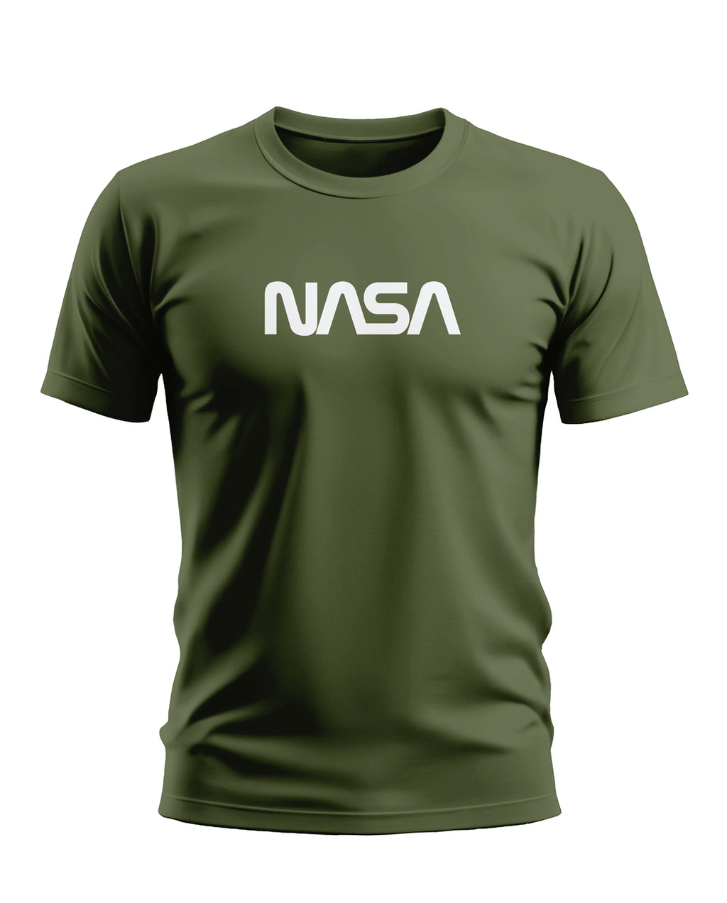 Olive green men's T-shirt with NASA logo, short sleeves, casual army-inspired style