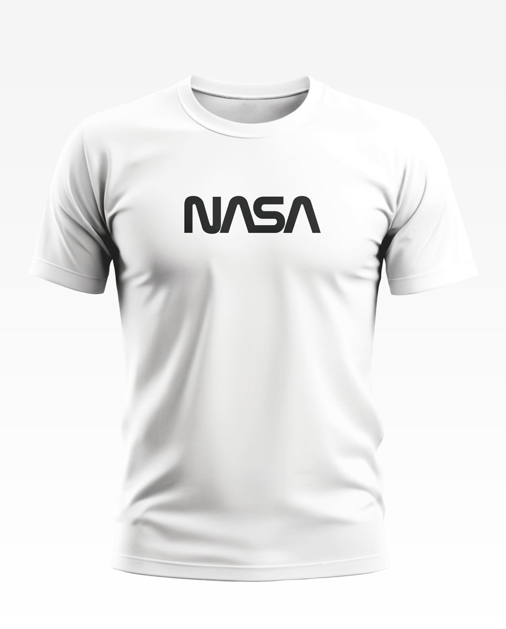 White men's t-shirt with bold black NASA logo, short sleeves, crew neck, plain background
