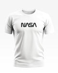 White men's t-shirt with bold black NASA logo, short sleeves, crew neck, plain background