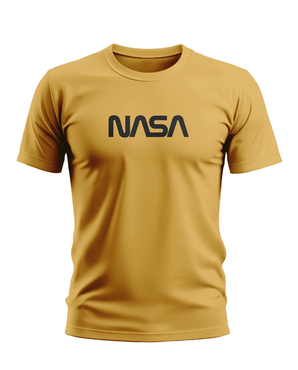 Yellow men's t-shirt with black NASA logo on front, short sleeves, crew neck