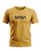 Yellow men's t-shirt with black NASA logo on front, short sleeves, crew neck